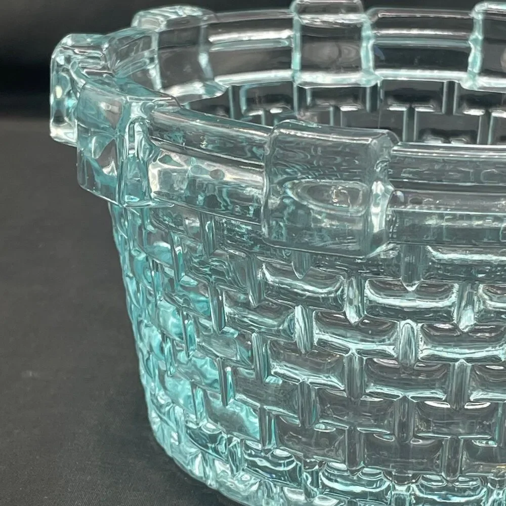 Vintage Blue Glass Basket Weave Bowl Aqua Seafoam Textured Candy Dish